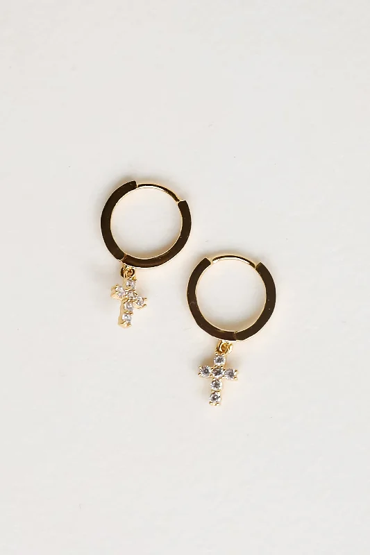 Oval earrings for women -Kenna Gold Rhinestone Cross Mini Hoop Earrings