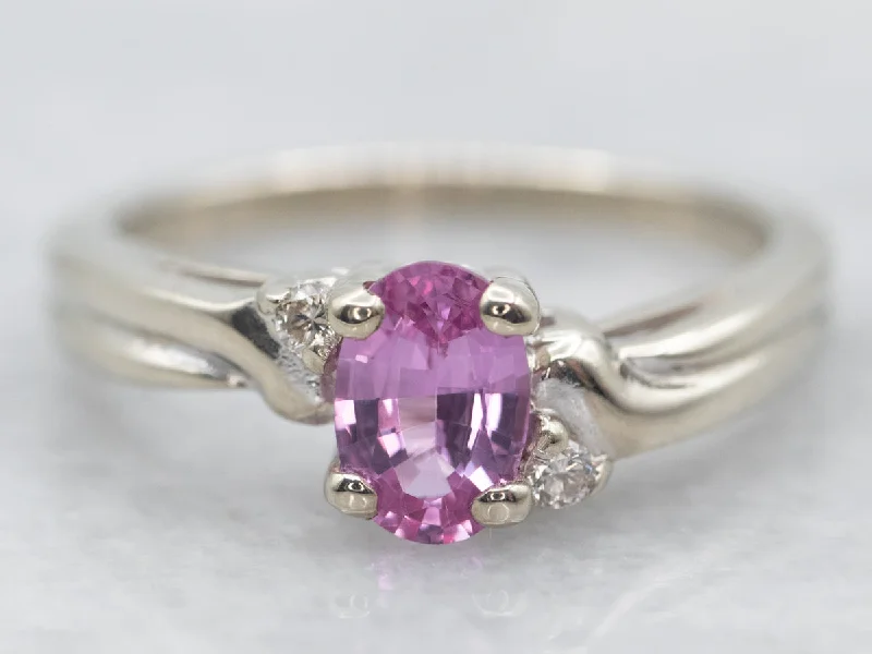 Elegant rings for women -White Gold Oval Cut Pink Sapphire Bypass Ring with Diamond Accents