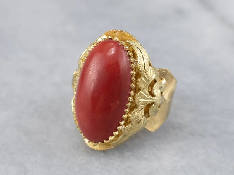 Designer gemstone rings for women -Ornate Coral 18K Gold Statement Ring