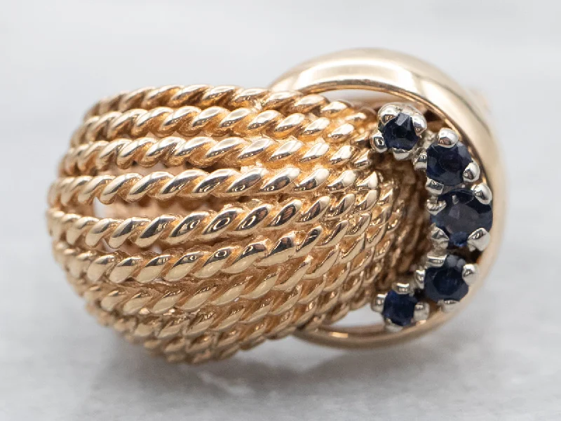 Simple diamond rings for women -Yellow Gold Twisted Belt Buckle Ring with Sapphire Accents