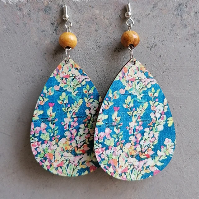 Textured earrings for women -Beautiful Blue Wood Floral Drop Earrings