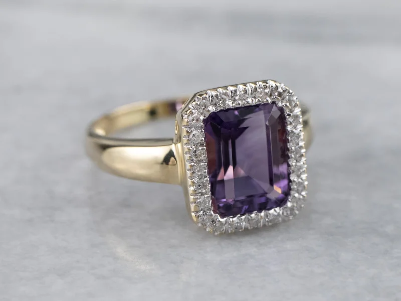 Emerald rings for women -Amethyst and Diamond Halo Ring