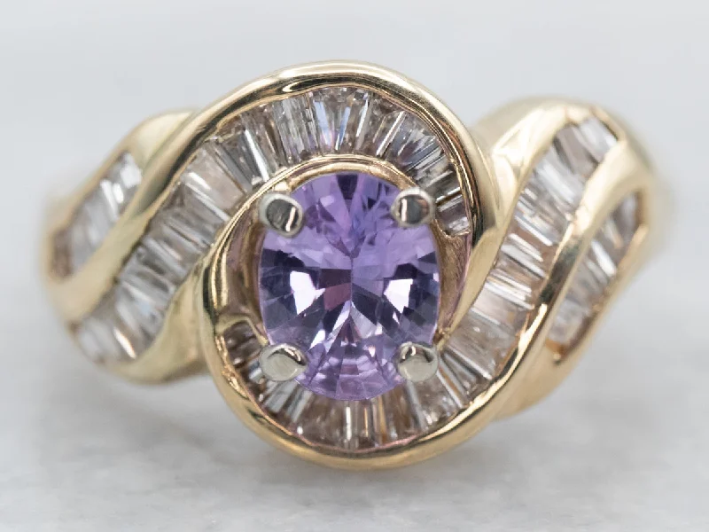 Minimalist rings for women -Yellow Gold Oval Cut Purple Sapphire Swirl Ring with Baguette Cut Diamond Halo