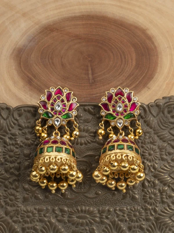 Luxury earrings for women -Multicolor Gold Plated Jadau Kundan Earrings - ME1173M