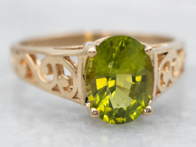 Modern rings for women -14K Yellow Gold Peridot Filigree Ring