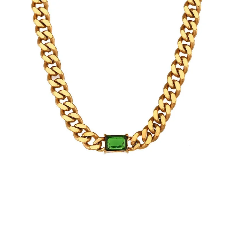 Cuban Chain Rectangular Zircon Necklace - Gold - Green Diamond