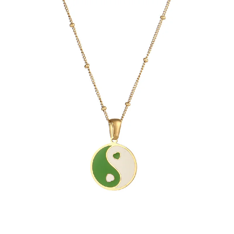 Round Bagua Bead Chain Necklace - Green and White