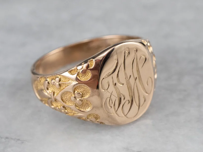 Multi-band rings for women -Ornate Gold "TJA" Engraved Signet Ring