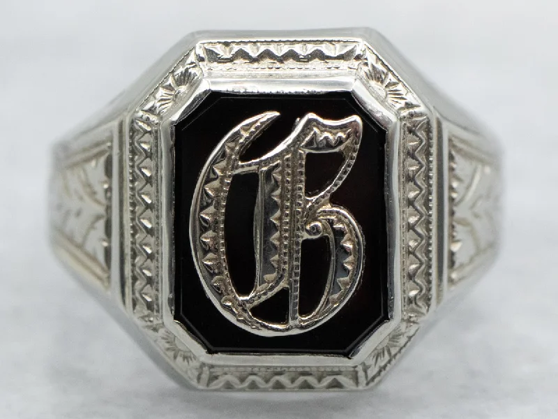 Personalized name rings for women -Antique Black Onyx "C" in Old English Signet Ring