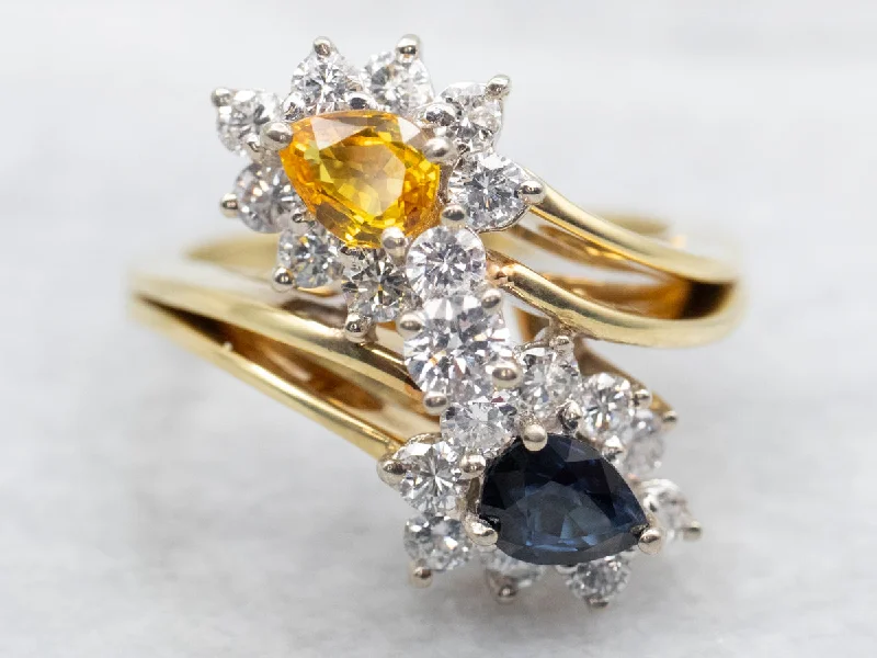 Unique gemstone rings for women -Blue and Yellow Sapphire Bypass Ring with Diamond Halos