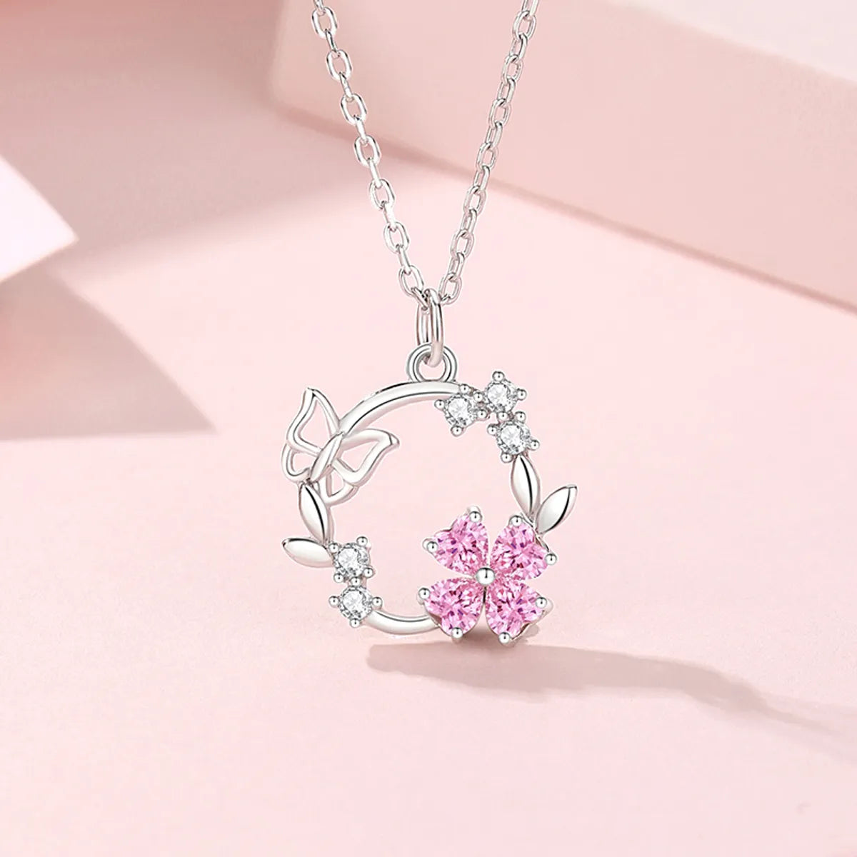 Luxury necklaces for women -Simple Style Classic Style Flower Wreath Butterfly Sterling Silver Inlay Zircon Pendant Necklace