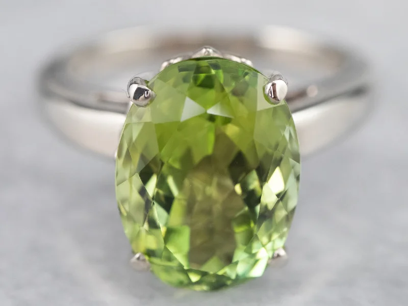 Chunky rings for women -Green Tourmaline Solitaire Ring in White Gold