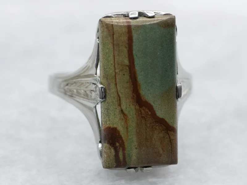 Bohemian-style rings for women -White Gold Rectangle Cut Jasper Ring