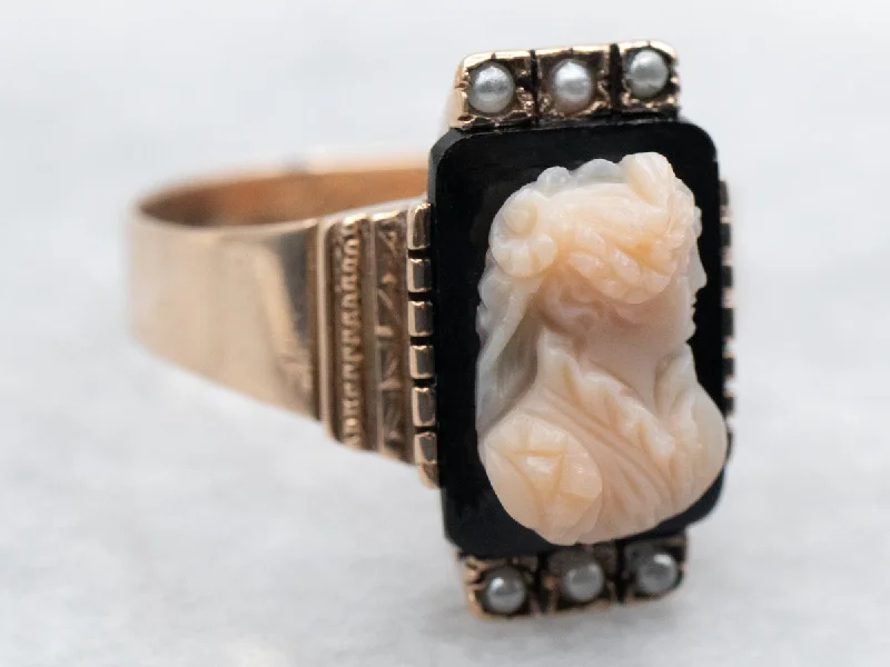 Promise rings for women -Rose Gold Black Onyx Cameo and Seed Pearl Ring