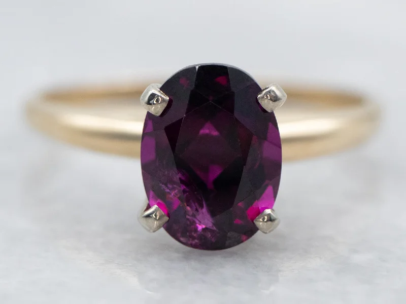 Unique rings for women -Two Tone Oval Cut Rhodolite Garnet Solitaire Ring