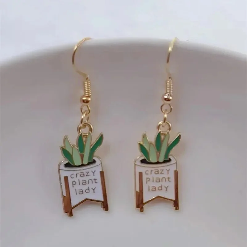 Rose gold earrings for women -Adorable Crazy Plant Lady Earrings