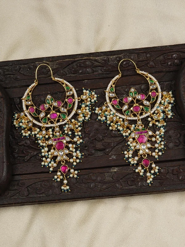 Art deco earrings for women -Multicolor Gold Plated Jadau Kundan Earrings - ME1170M