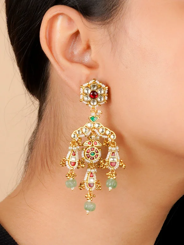 Luxury gold earrings for women -Multicolor Gold Plated Jadau Kundan Earrings - ME1085M