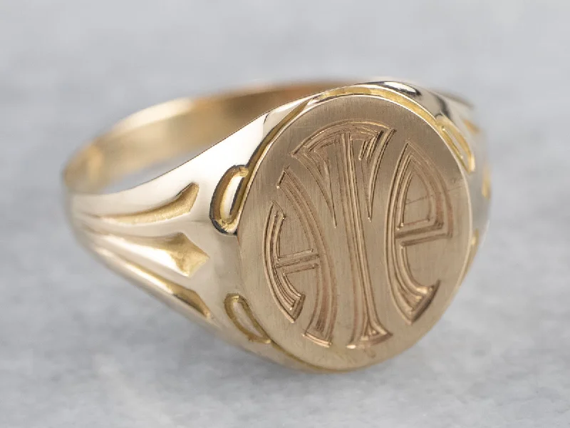 Two-tone rings for women -Art Deco "HTE" Gold Signet Ring