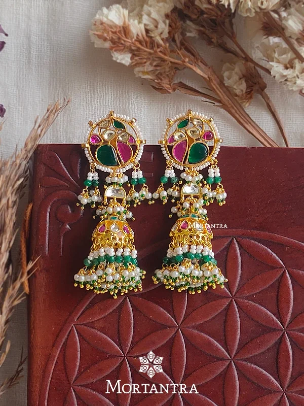 Gold plated earrings for women -Multicolor Gold Plated Jadau Kundan Earrings - ME1021M