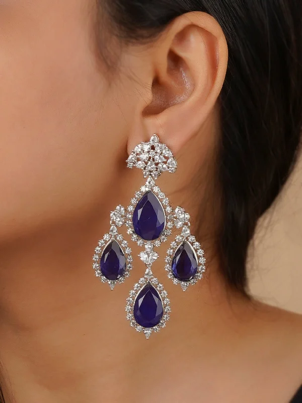 Multi-layered earrings for women -Blue Color Silver Plated Faux Diamond Earrings - CZEAR543BL