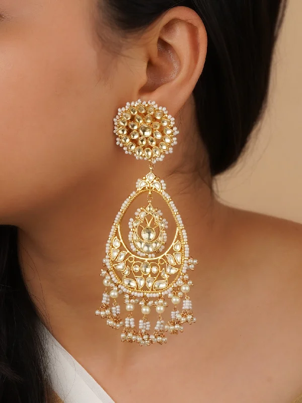 Luxury pearl earrings for women -White Color Gold Plated Jadau Kundan Earrings - ME974Y