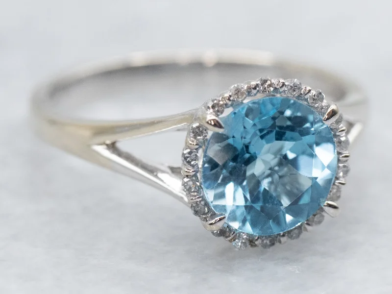 Custom gold wedding rings for women -Modern Blue Topaz Ring with Diamond Halo