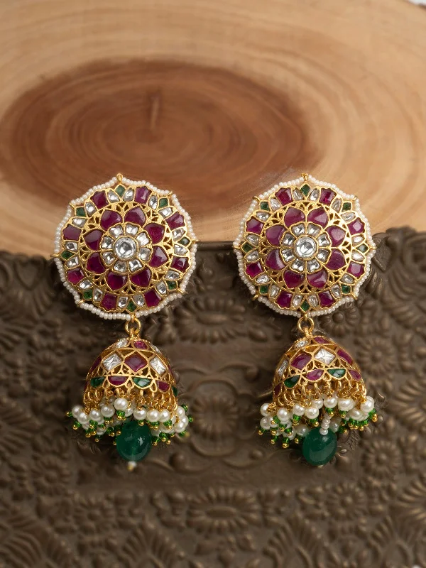 Geometric earrings for women -Multicolor Gold Plated Jadau Kundan Earrings - ME1140