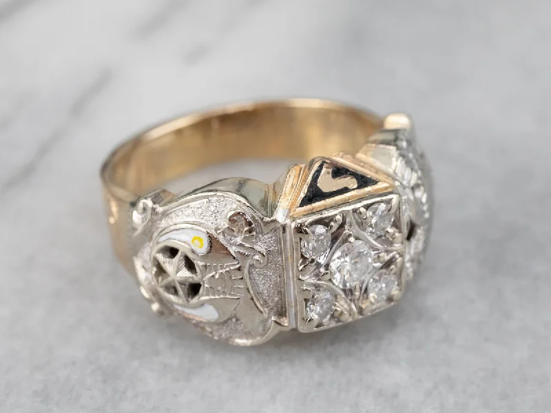 Art deco rings for women -Masonic Diamond Enamel Two Tone Gold Ring