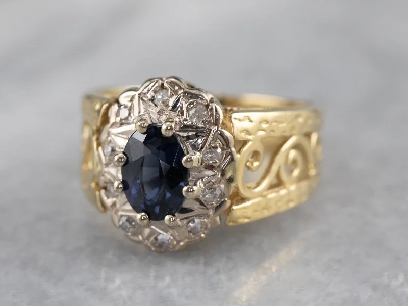 Wedding rings with sapphires for women -Sapphire Diamond Halo Filigree Ring