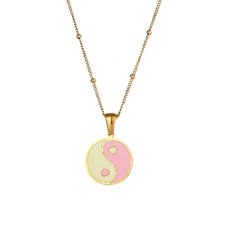 Round Bagua Bead Chain Necklace - Pink Rice