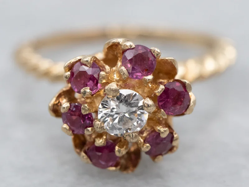 Dainty rings for women -Gold Diamond and Ruby Flower Ring