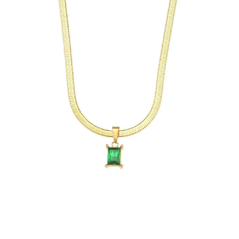 Flat Snake Chain Square Diamond Pendant Necklace - Green