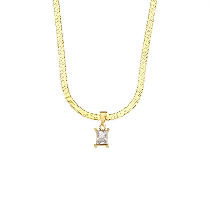 Flat Snake Chain Square Diamond Pendant Necklace - White