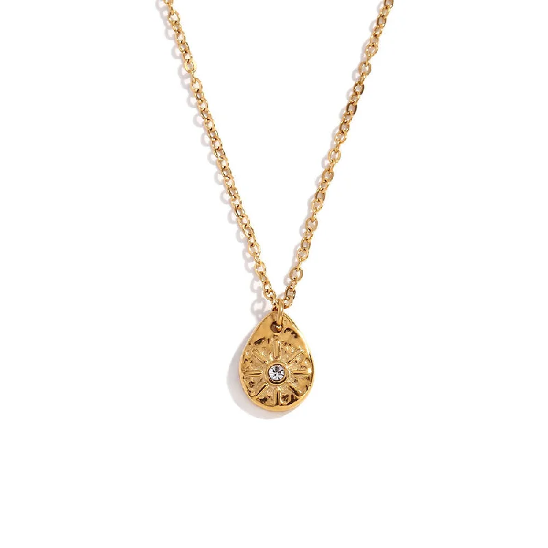 Sun Dot Diamond Water Drop Pendant Necklace - Gold - White Diamond