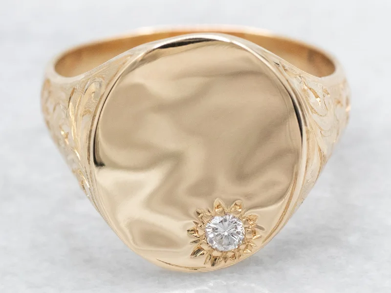 Elegant engagement rings for women -Yellow Gold Engravable Signet Ring with Oval Top and Diamond Accent