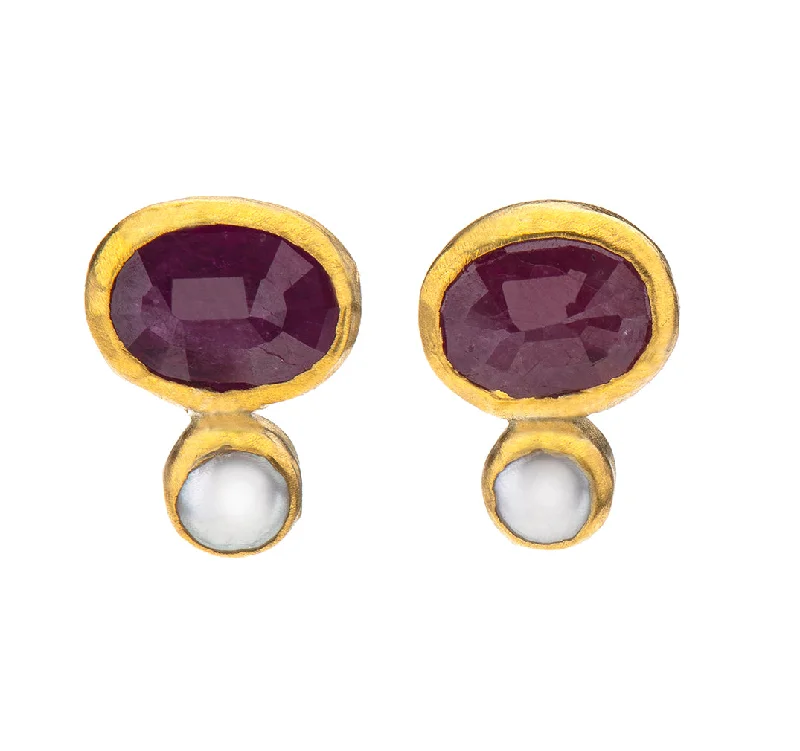 Eco-friendly earrings for women -Nava Zahavi Yellow Gold Ruby and Pearl Stud Earrings