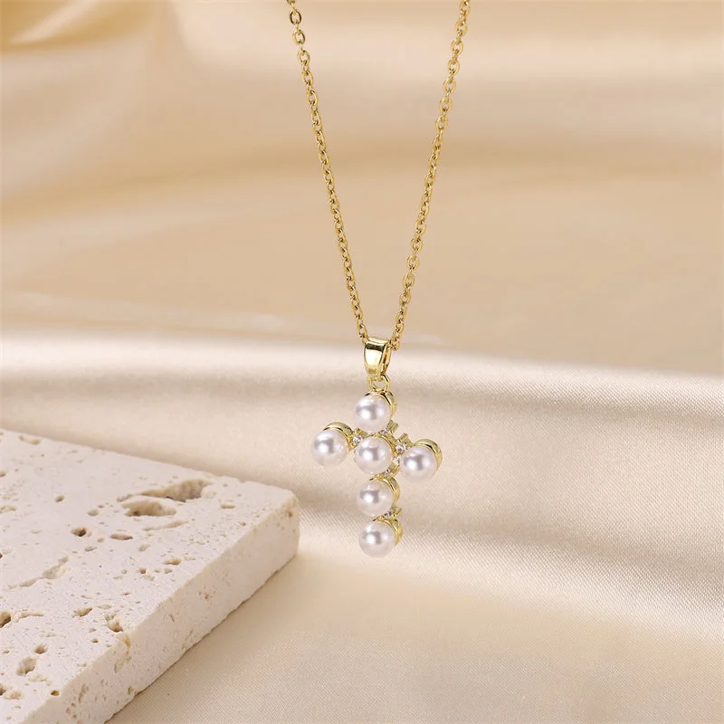 Gemstone necklaces for women -Simple Style Cross Stainless Steel Brass Plating Inlay Pearl 18k Gold Plated Pendant Necklace