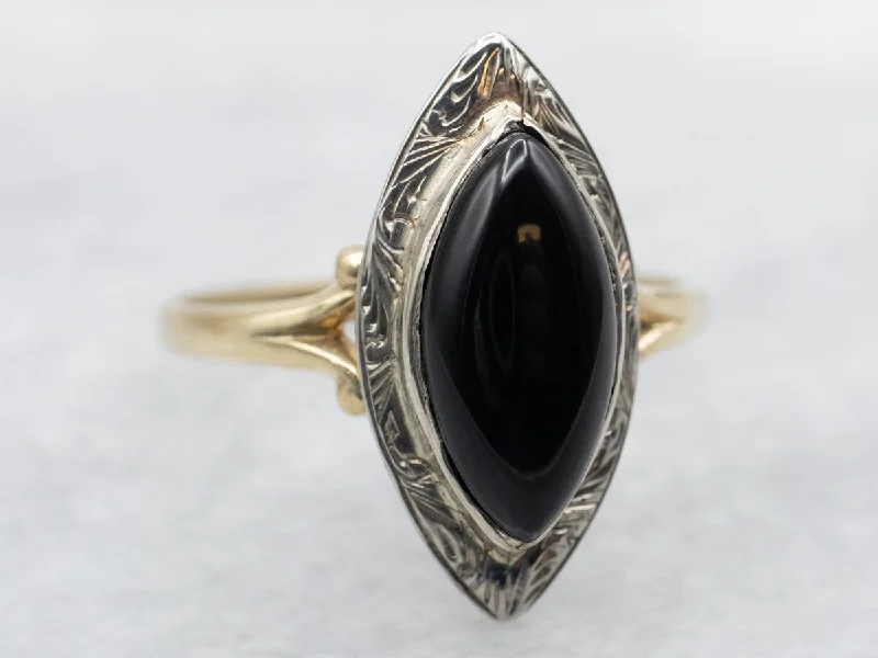 Simple gold rings for women -Scrolling Two Tone Gold Marquise Black Onyx Ring