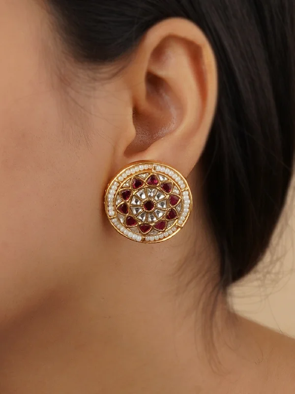 Art deco earrings for women -Pink Color Gold Plated Thappa Jadau Kundan Earrings - TJ-E118WP