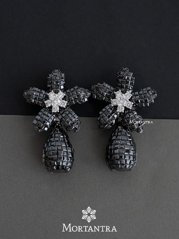 Crystal drop earrings for women -Black Color Silver Plated Faux Diamond Earrings - CZEAR499BK