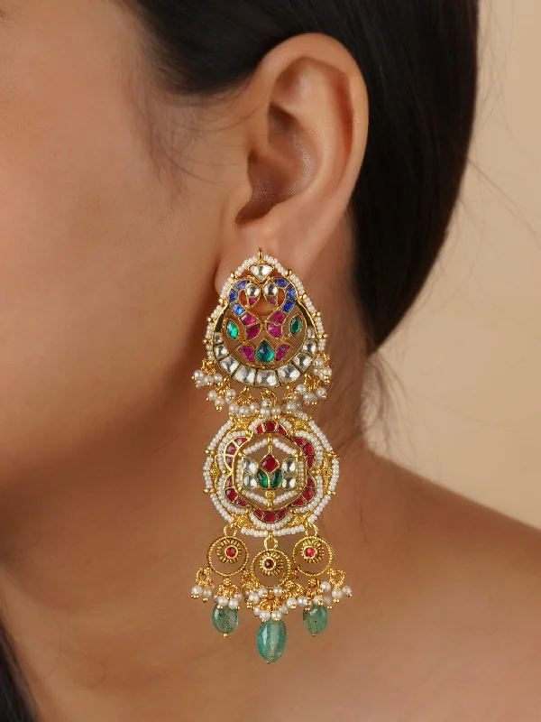 Chic earrings for women -Multicolor Gold Plated Jadau Kundan Earrings - ME1232M