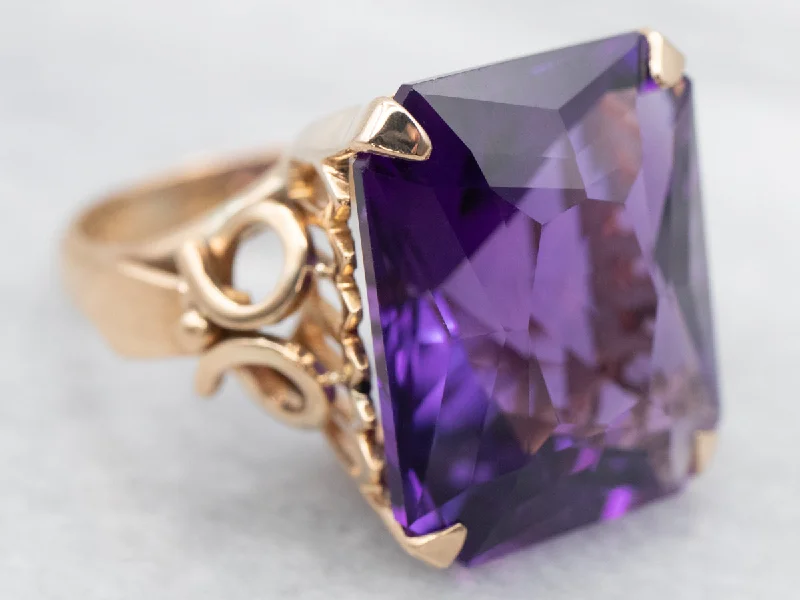 Black diamond rings for women -Ornate Yellow Gold Amethyst Ring