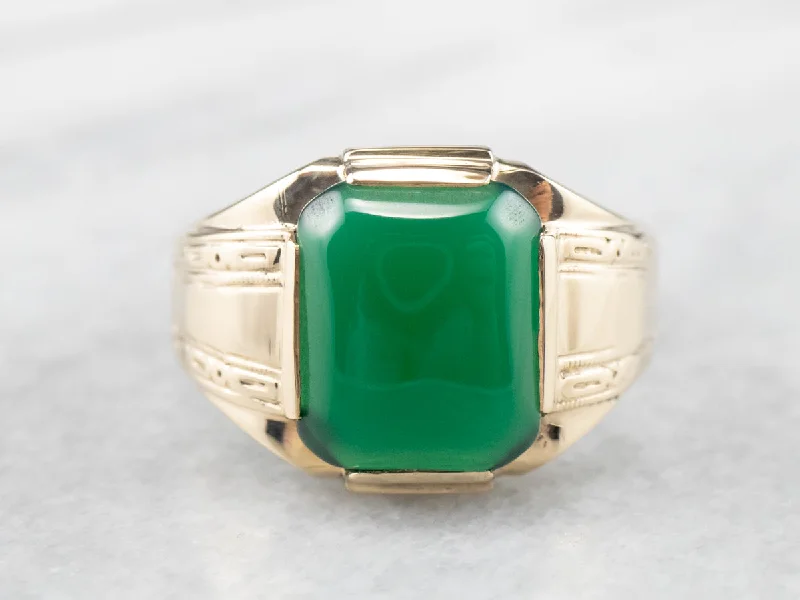 Minimalist rings for women -Retro Men's Green Onyx Gold Statement Ring