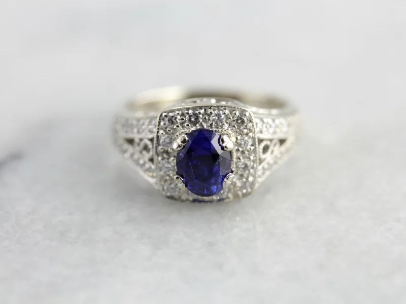 Custom gold rings for women -Modern Sapphire and Diamond Halo Anniversary Ring, Contemporary Yet Timeless