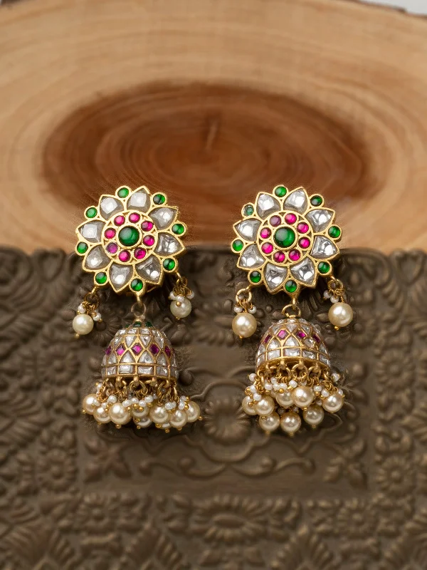 Heart-shaped earrings for women -Multicolor Gold Plated Jadau Kundan Earrings - ME1127