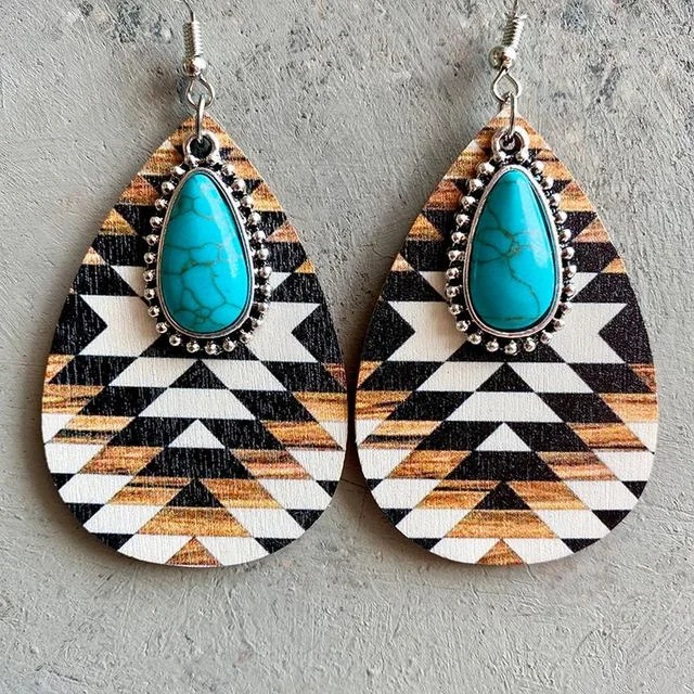 Bridesmaid earrings for women -Aztec Pattern Wood and Turquoise Drop Earrings