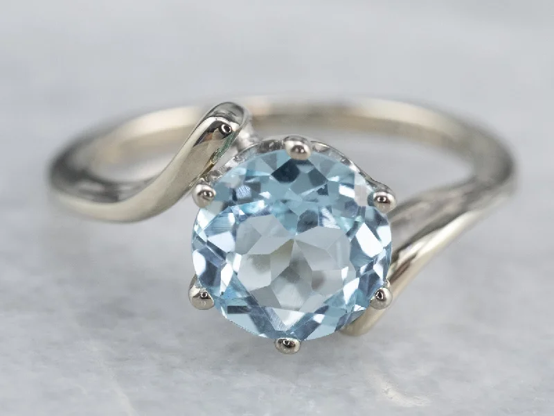 Fashionable rings for women -Blue Topaz White Gold Bypass Style Solitaire Ring