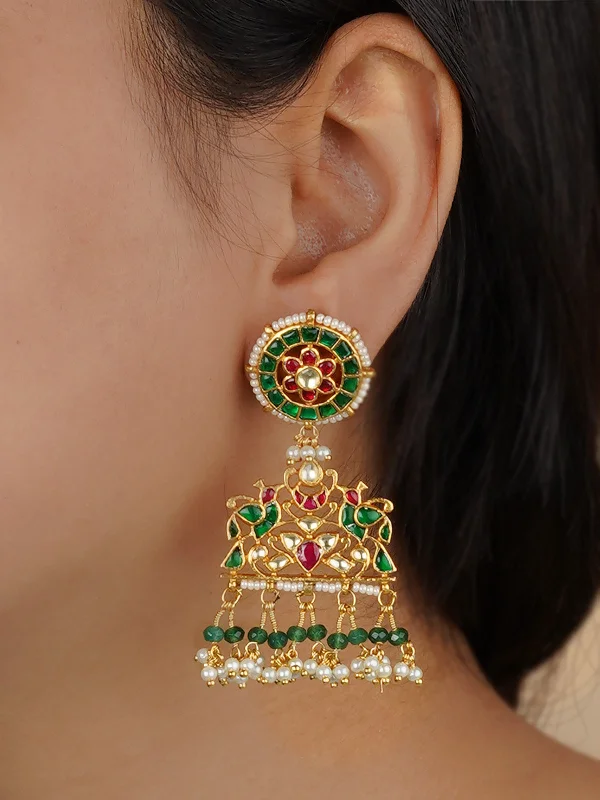 Heart-shaped stud earrings for women -Multicolor Gold Plated Jadau Kundan Earrings - ME1124MA