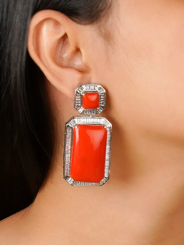 Bold earrings for women -Orange Color Silver Plated Contemporary Earrings - CC-EAR12OR